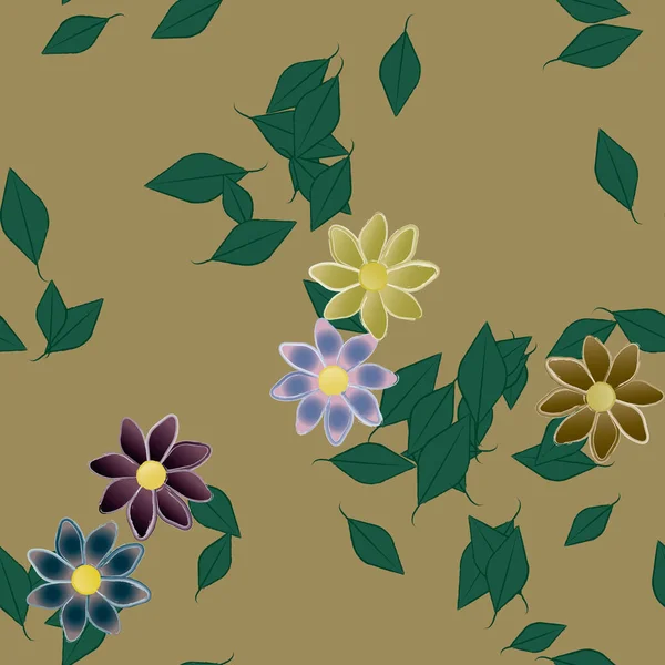 Modèle Vectoriel Avec Des Fleurs Colorées Simples Des Feuilles Vertes — Image vectorielle