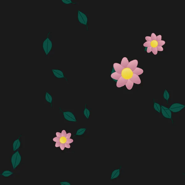 Composição Bonita Com Flores Coloridas Simples Folhas Verdes Fundo Ilustração — Vetor de Stock