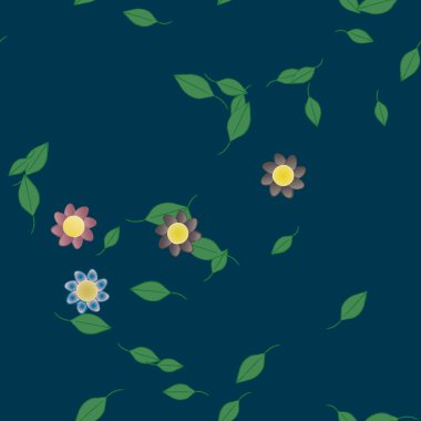 Basit renkli çiçekleri ve arka planda yeşil yaprakları olan güzel kompozisyon, vektör illüstrasyonu