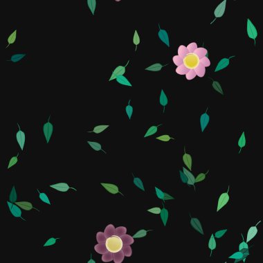 basit renkli çiçekleri olan serbest kompozisyon ve duvar kağıdı için yeşil yapraklar, vektör illüstrasyonu