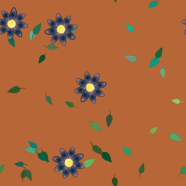 Basit renkli çiçekleri ve arka planda yeşil yaprakları olan güzel kompozisyon, vektör illüstrasyonu