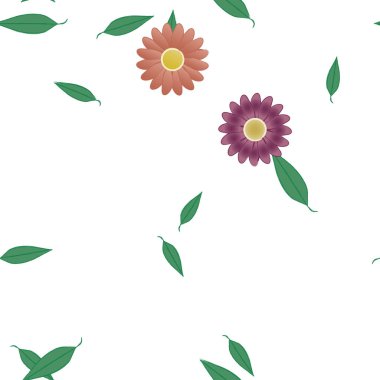 Basit çiçek ve yeşil yapraklı tasarım kompozisyonu, vektör illüstrasyonu