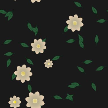 basit renkli çiçekleri olan serbest kompozisyon ve duvar kağıdı için yeşil yapraklar, vektör illüstrasyonu