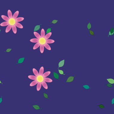 Basit renkli çiçekleri ve arka planda yeşil yaprakları olan güzel kompozisyon, vektör illüstrasyonu