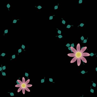 Basit renkli çiçekleri ve arka planda yeşil yaprakları olan güzel kompozisyon, vektör illüstrasyonu