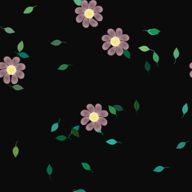 Serbest kompozisyonda yeşil yapraklı basit çiçekler, vektör illüstrasyonu