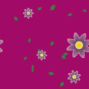 Serbest kompozisyonda yeşil yapraklı basit çiçekler, vektör illüstrasyonu