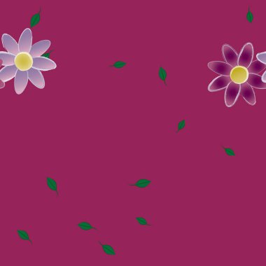 basit renkli çiçekleri olan serbest kompozisyon ve duvar kağıdı için yeşil yapraklar, vektör illüstrasyonu