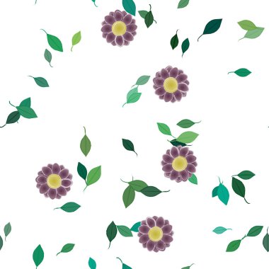 basit renkli çiçekleri olan serbest kompozisyon ve duvar kağıdı için yeşil yapraklar, vektör illüstrasyonu