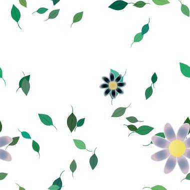 Basit renkli çiçekleri ve arka planda yeşil yaprakları olan güzel kompozisyon, vektör illüstrasyonu