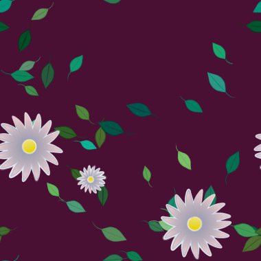 Basit renkli çiçekleri ve arka planda yeşil yaprakları olan güzel kompozisyon, vektör illüstrasyonu