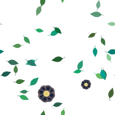 basit renkli çiçekleri olan serbest kompozisyon ve duvar kağıdı için yeşil yapraklar, vektör illüstrasyonu