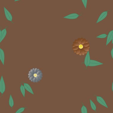 Basit renkli çiçekleri ve arka planda yeşil yaprakları olan güzel kompozisyon, vektör illüstrasyonu