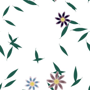 basit renkli çiçekleri olan serbest kompozisyon ve duvar kağıdı için yeşil yapraklar, vektör illüstrasyonu