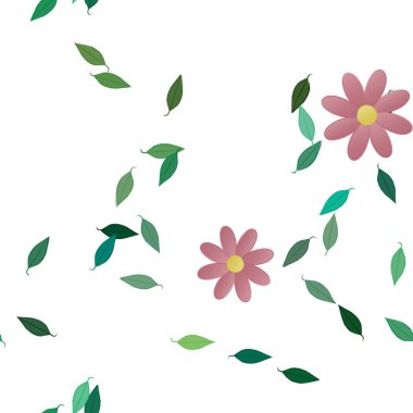 Basit renkli çiçekleri ve arka planda yeşil yaprakları olan güzel kompozisyon, vektör illüstrasyonu