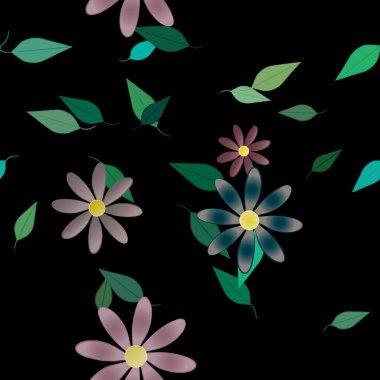 Basit renkli çiçekleri ve arka planda yeşil yaprakları olan güzel kompozisyon, vektör illüstrasyonu