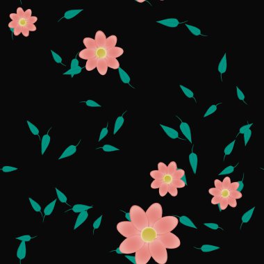 basit renkli çiçekleri olan serbest kompozisyon ve duvar kağıdı için yeşil yapraklar, vektör illüstrasyonu