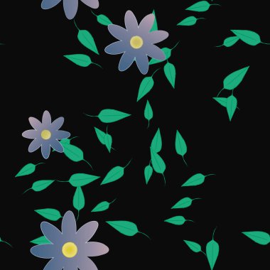 basit renkli çiçekleri olan serbest kompozisyon ve duvar kağıdı için yeşil yapraklar, vektör illüstrasyonu