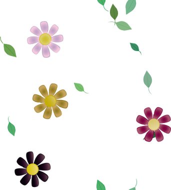 basit renkli çiçekleri olan serbest kompozisyon ve duvar kağıdı için yeşil yapraklar, vektör illüstrasyonu