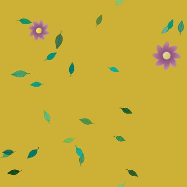 Serbest kompozisyonda yeşil yapraklı basit çiçekler, vektör illüstrasyonu