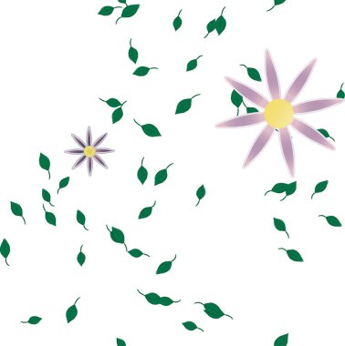 Serbest kompozisyonda yeşil yapraklı basit çiçekler, vektör illüstrasyonu