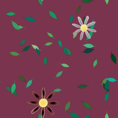 basit renkli çiçekleri olan serbest kompozisyon ve duvar kağıdı için yeşil yapraklar, vektör illüstrasyonu