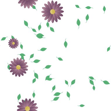 Serbest kompozisyonda yeşil yapraklı basit çiçekler, vektör illüstrasyonu