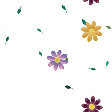 Basit renkli çiçekleri ve arka planda yeşil yaprakları olan güzel kompozisyon, vektör illüstrasyonu