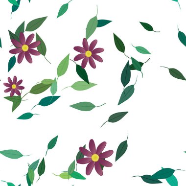 Basit renkli çiçekleri ve arka planda yeşil yaprakları olan güzel kompozisyon, vektör illüstrasyonu