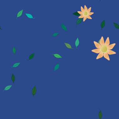 Serbest kompozisyonda yeşil yapraklı basit çiçekler, vektör illüstrasyonu