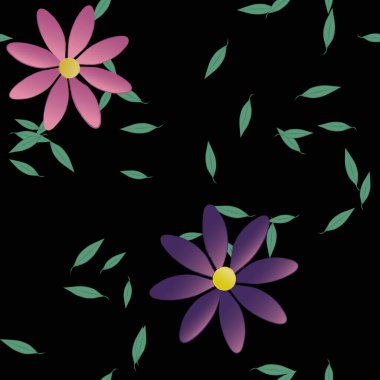 basit renkli çiçekleri olan serbest kompozisyon ve duvar kağıdı için yeşil yapraklar, vektör illüstrasyonu