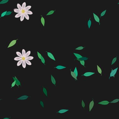 Basit renkli çiçekleri ve arka planda yeşil yaprakları olan güzel kompozisyon, vektör illüstrasyonu