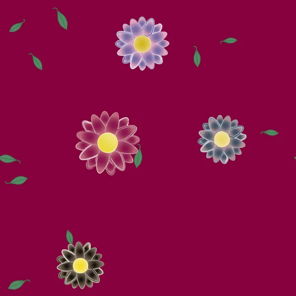 Modèle Vectoriel Avec Des Fleurs Colorées Simples Des Feuilles Vertes — Image vectorielle