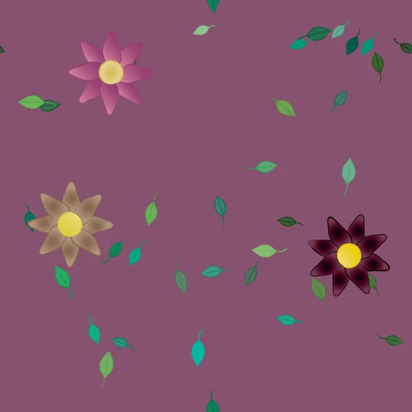 Modèle Vectoriel Avec Des Fleurs Colorées Simples Des Feuilles Vertes — Image vectorielle