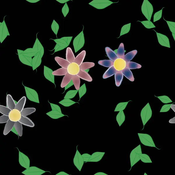 Basit renkli çiçekleri ve arka planda yeşil yaprakları olan güzel kompozisyon, vektör illüstrasyonu