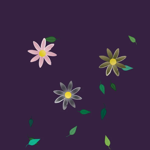 Plantilla Vector Con Flores Coloridas Simples Hojas Verdes — Archivo Imágenes Vectoriales