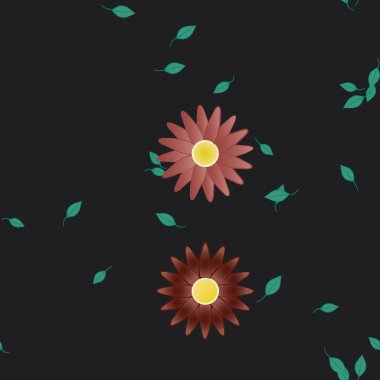 basit renkli çiçekleri olan serbest kompozisyon ve duvar kağıdı için yeşil yapraklar, vektör illüstrasyonu