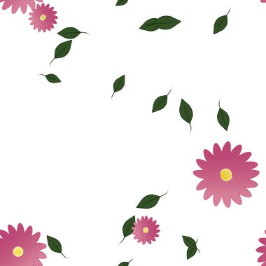 Basit renkli çiçekleri ve arka planda yeşil yaprakları olan güzel kompozisyon, vektör illüstrasyonu