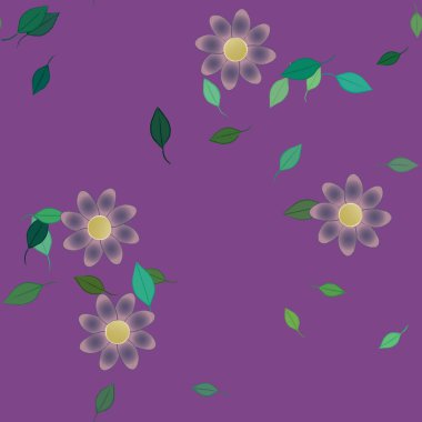 basit renkli çiçekleri olan serbest kompozisyon ve duvar kağıdı için yeşil yapraklar, vektör illüstrasyonu