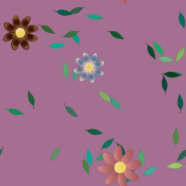 basit renkli çiçekleri olan serbest kompozisyon ve duvar kağıdı için yeşil yapraklar, vektör illüstrasyonu