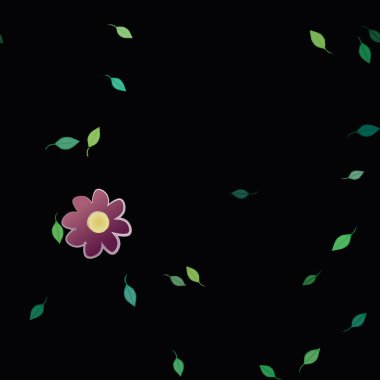 Basit renkli çiçekleri ve arka planda yeşil yaprakları olan güzel kompozisyon, vektör illüstrasyonu