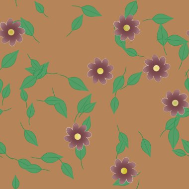 Basit renkli çiçekleri ve arka planda yeşil yaprakları olan güzel kompozisyon, vektör illüstrasyonu