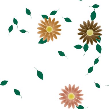 Basit renkli çiçekleri ve arka planda yeşil yaprakları olan güzel kompozisyon, vektör illüstrasyonu