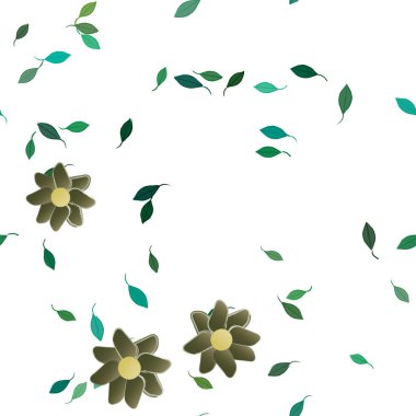 Basit renkli çiçekleri ve arka planda yeşil yaprakları olan güzel kompozisyon, vektör illüstrasyonu