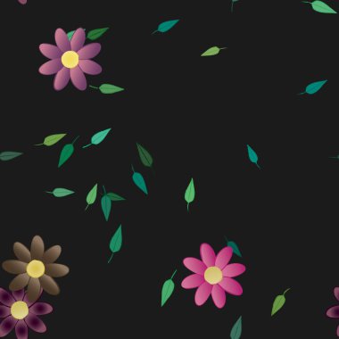 Basit renkli çiçekleri ve arka planda yeşil yaprakları olan güzel kompozisyon, vektör illüstrasyonu