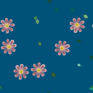 basit renkli çiçekleri olan serbest kompozisyon ve duvar kağıdı için yeşil yapraklar, vektör illüstrasyonu