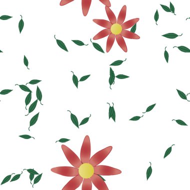 basit renkli çiçekleri olan serbest kompozisyon ve duvar kağıdı için yeşil yapraklar, vektör illüstrasyonu