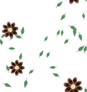 Basit renkli çiçekleri ve arka planda yeşil yaprakları olan güzel kompozisyon, vektör illüstrasyonu