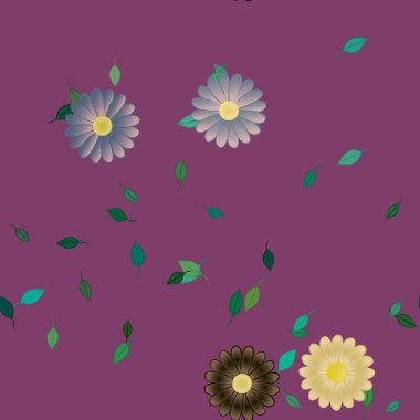 Basit renkli çiçekleri ve arka planda yeşil yaprakları olan güzel kompozisyon, vektör illüstrasyonu