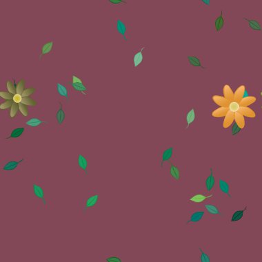 Basit renkli çiçekleri ve arka planda yeşil yaprakları olan güzel kompozisyon, vektör illüstrasyonu